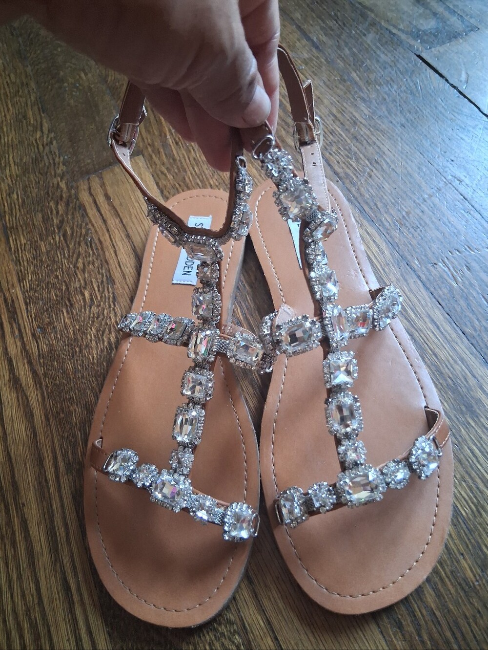 Steve Madden Tan Jeweled T-Strap Sandals